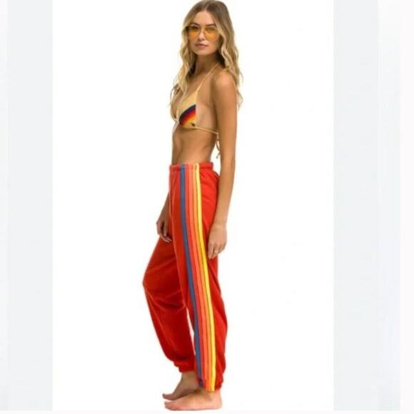 Aviator Nation 5 Stripe Sweatpants Red Neon Rainbow Sz S - Picture 1 of 8
